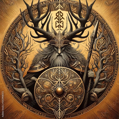 Mythical Viking warrior with antlers, beard, shield, and spears, surrounded by intricate Celtic knotwork and runes, in a gold and black design