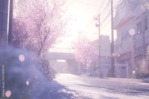 Beautiful pastel city street with blooming cherry blossom trees