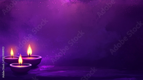 Elegant arrangement of three lit candles Diya on a serene purple gradient background