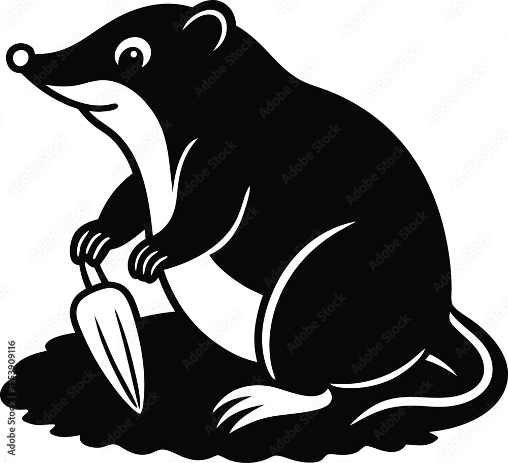 Naklejka premium Silhouette of Mole Holding Shovel on Dirt Mound Black and White Icon, Isolated