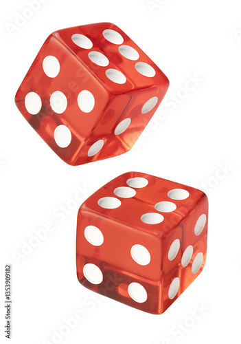 Top view of two red dices, highest score isolated on white background.	