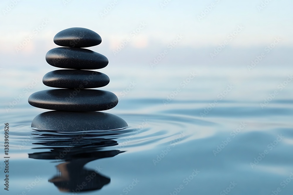 Stack of zen stones balancing on water surface at dawn Stack of zen stones balancing on water surface at dawn