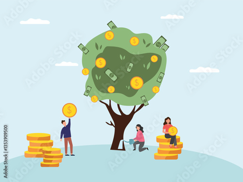Characters picking coin and watering money coins green tree with many coins . money investment and profit concept.