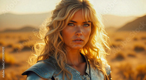 A fierce warrior woman in shining armor stands in the golden desert, her gaze strong and determined.