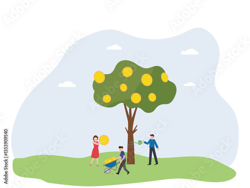 Characters picking coin and watering money coins green tree with many coins . money investment and profit concept.