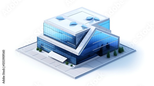 A modern glass building, a symbol of innovative architecture and urban progress, stands proudly against a bright white background with clean lines and subtle shadows.