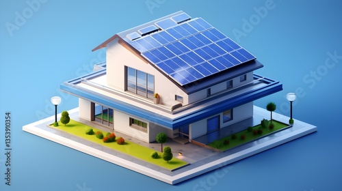A modern, sustainable dream home powered by solar energy, showcasing clean lines and a vibrant, eco-friendly landscape in a bright, isometric view.