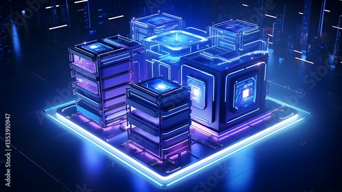 Futuristic data cubes glowing with vibrant energy, a powerful network of interconnected systems in a digital landscape bathed in neon blue and purple light.