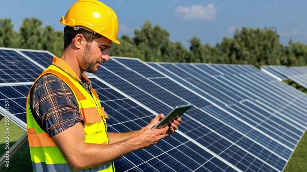 Solar Panel Inspection: A focused engineer examines solar panels with a tablet, embodying sustainability and innovation. The radiant blue panels gleam under the sun. Solar Panel Inspection: A focused engineer examines solar panels with a tablet, embodying sustainability and innovation. The radiant blue panels gleam under the sun.