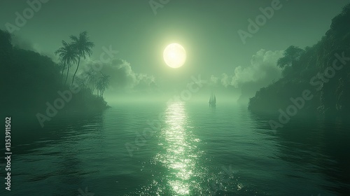 Moonlight shines over the water, reflecting off the calm, misty sea