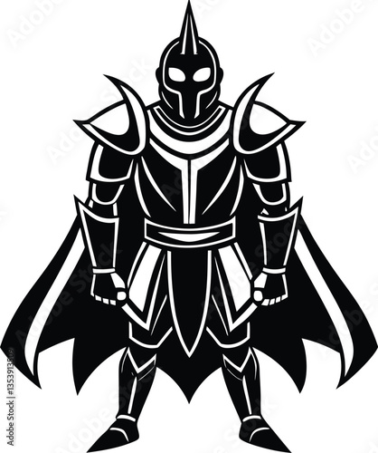 Silhouette of Warrior in Full Armor with Cape and Helmet, Isolated on White