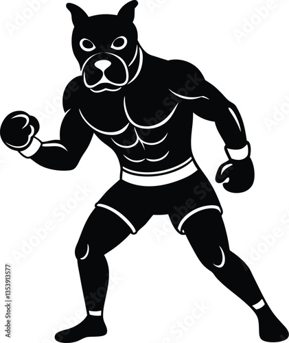 Boxer Bulldog Silhouette with Boxing Gloves, Muscular Build, Full Body in Black