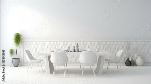 Serene minimalist dining room, a sanctuary of calm with white furniture and textured wall, bathed in soft natural light.
