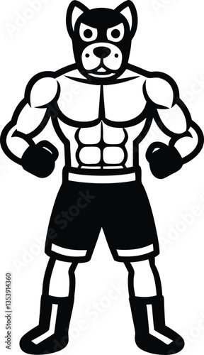 Cartoon Muscular Dog Boxer Black Silhouette, Intense Look, Gloves, Athletic Build, Shorts