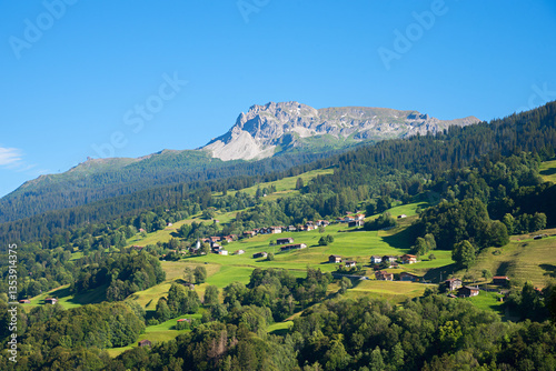 view to Gotschnagrat mountain and village Conters, greenwooded hills, switzerland