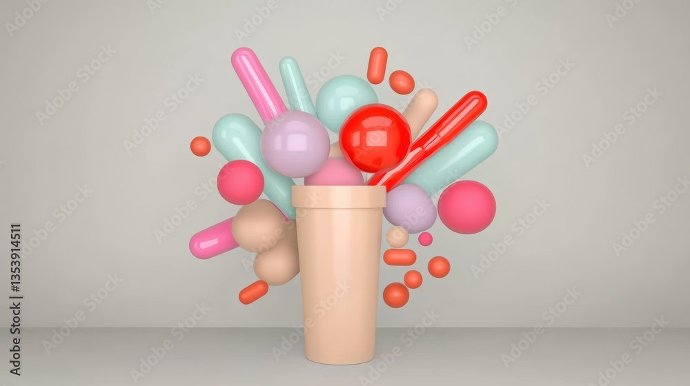 Colorful abstract shapes bursting from a neutral container in a minimalistic setting Colorful abstract shapes bursting from a neutral container in a minimalistic setting