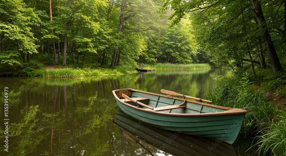 Serene Green Rowboat on a Calm Forest Lake Serene Green Rowboat on a Calm Forest Lake
