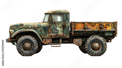 Rusty pickup truck with worn paint, isolated on transparent background