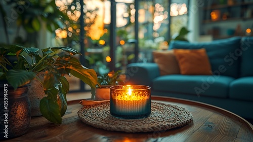 Lit candle on wooden table with plants and sofa.