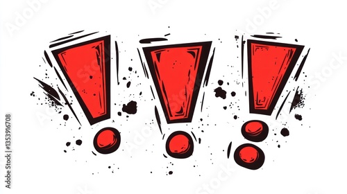 Three red exclamation points graphic design, artistic, pop art style