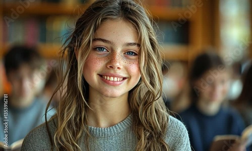 Wallpaper Mural Young girl smiling while reading in a cozy library filled with books and students Torontodigital.ca