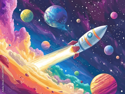 A space-themed mural for children's rooms, featuring a cartoon rocket, planets, and vibrant colors. The playful design captures the wonder of space  