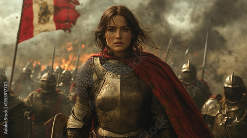 Joan of Arc Leads Her Troops into Battle in a War-Torn Landscape