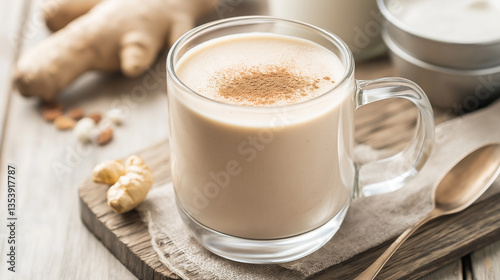 Creamy chai latte with spices in glass mug