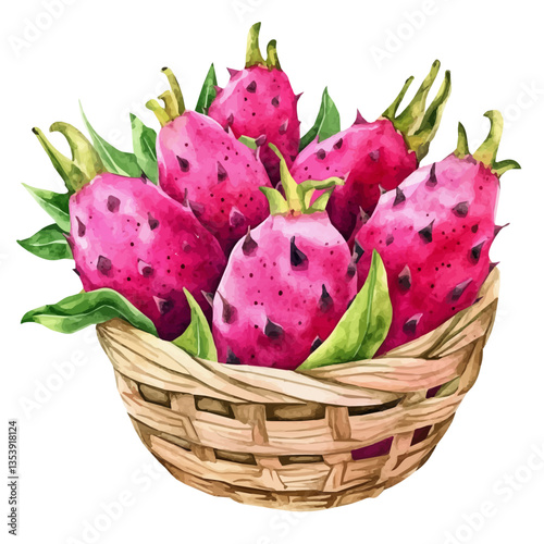 Pitaya Basket, watercolor illustration, isolated on a white background.