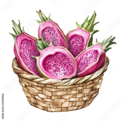Pitaya Basket, watercolor vector, isolated on a white background.