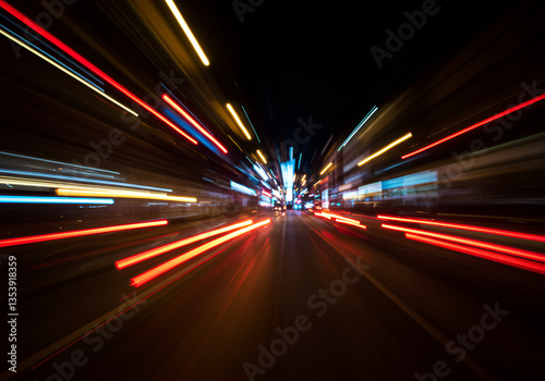 “Blurred neon lights creating a sense of motion, no people”