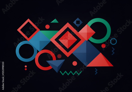 “Abstract geometric shapes with vibrant colors on a dark background”