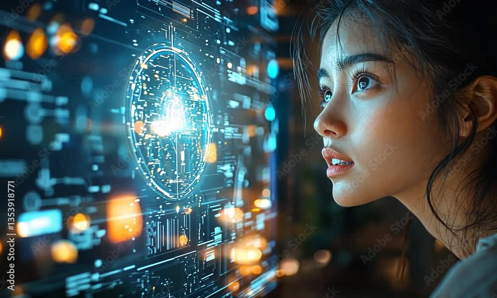 Young woman captivated by futuristic holographic display, exploring technology in a modern setting Young woman captivated by futuristic holographic display, exploring technology in a modern setting