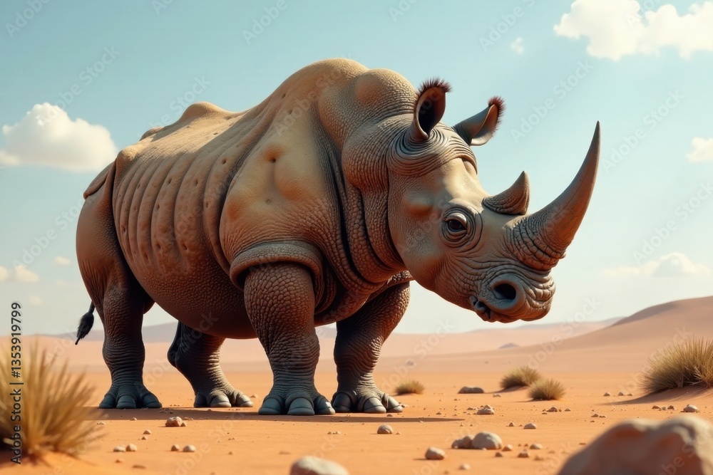 Fototapeta premium Colossal Woolly Rhinoceros standing alone in the desert, desert, silhouette