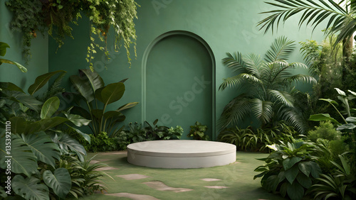 Lush Tropical Greenery with Minimalist Circular Stage in Serene Garden Setting
