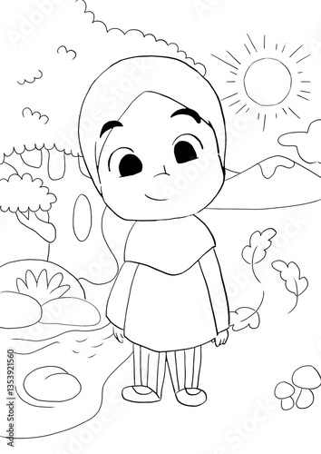 Cute cartoon kid in nature smiling