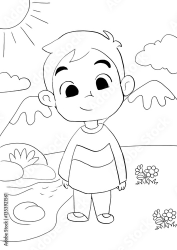 A cute boy in a sunny nature landscape with mountains, river, flowers and clouds