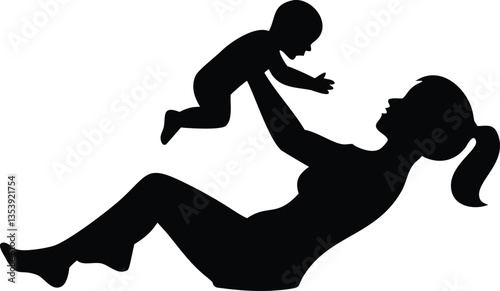 Mother lifting up her baby vector silhouette