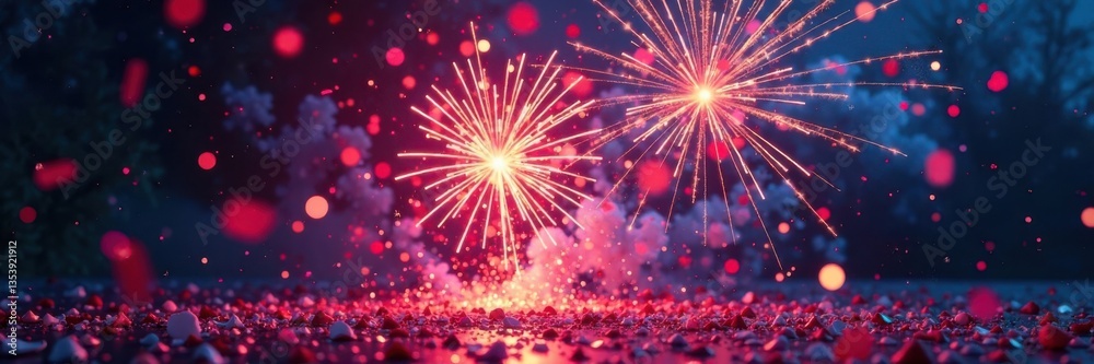 Obraz premium Confetti explosion at midnight with QR code , fireworks, qr code