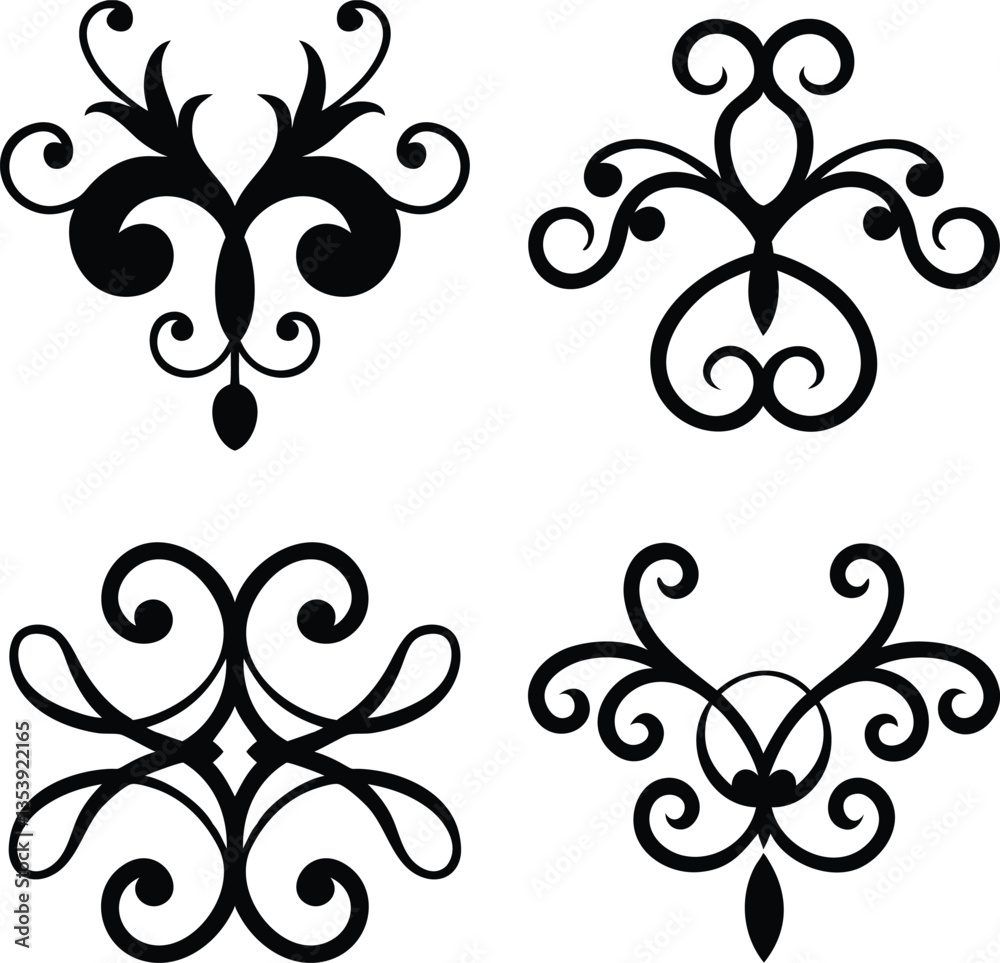 Ornate floral designs, black and white silhouettes, symmetrical patterns, curling tendrils, elegant swirls, decorative motifs, Victorian-inspired elements, intricate scrollwork, abstract floral shapes Ornate floral designs, black and white silhouettes, symmetrical patterns, curling tendrils, elegant swirls, decorative motifs, Victorian-inspired elements, intricate scrollwork, abstract floral shapes