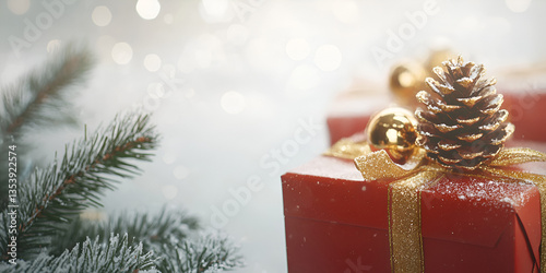Red Christmas Gift with Pinecones and Snowy Backdrop
