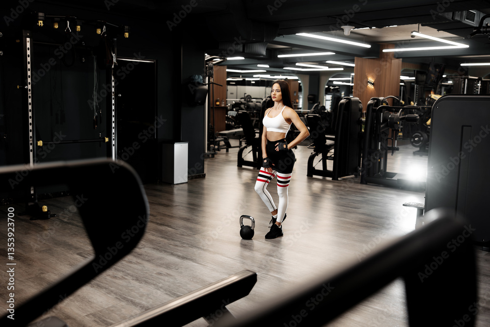 Fototapeta premium Sporty woman with perfect trained body resting after functional exercises with kettlebell at the gym