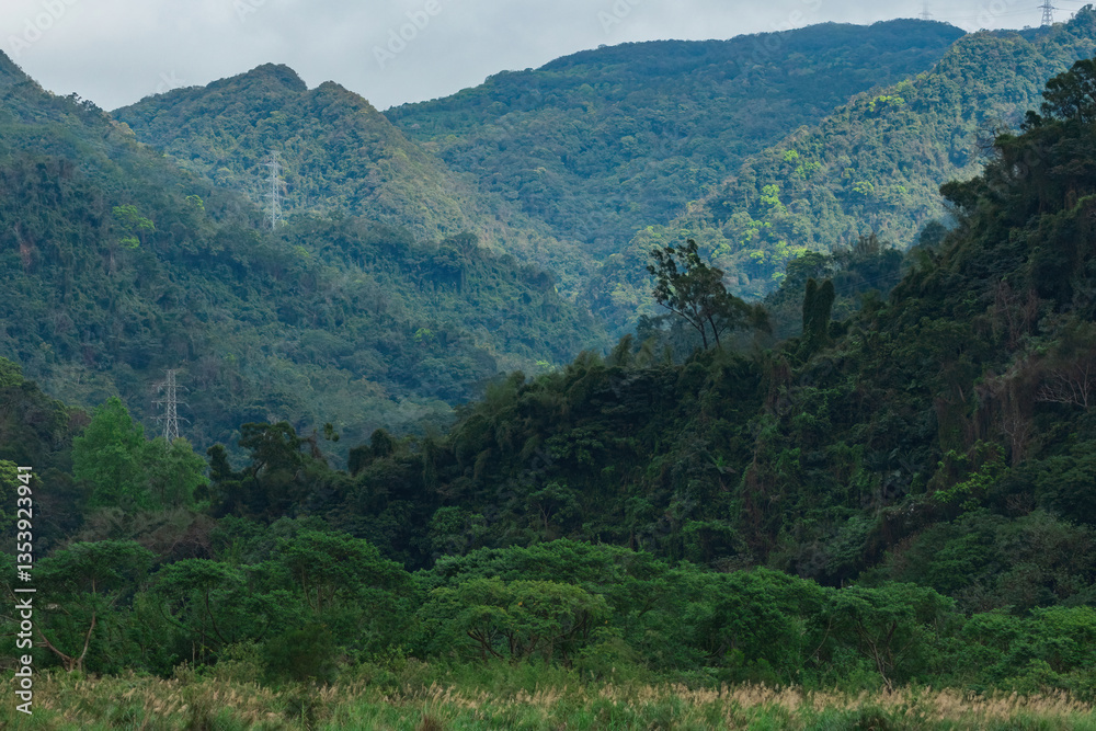 Fototapeta premium Xindian Wantan displays a majestic mountain landscape. Multiple layers of forested mountains create a stunning depth of field with various vegetation covering every slope.