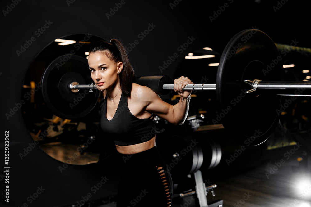 Fototapeta premium Close-up photo of confident woman doing squats exercises with heavy barbell in the gym