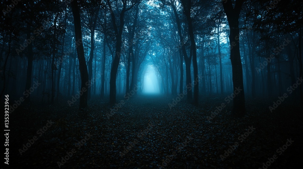 Fototapeta premium Mysterious Blue Fog Envelops a Dense Forest Path Surrounded by Tall Trees Creating an Enigmatic and Ethereal Atmosphere in Nature
