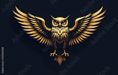 an illustration of a 3d metallic gold owl logo, metal, golden, jewelry, bird,  luxury, elegant, shiny, premium, symbol, mascot, brand, stylish, modern, chic, sophisticated, refined, artistic, emblem