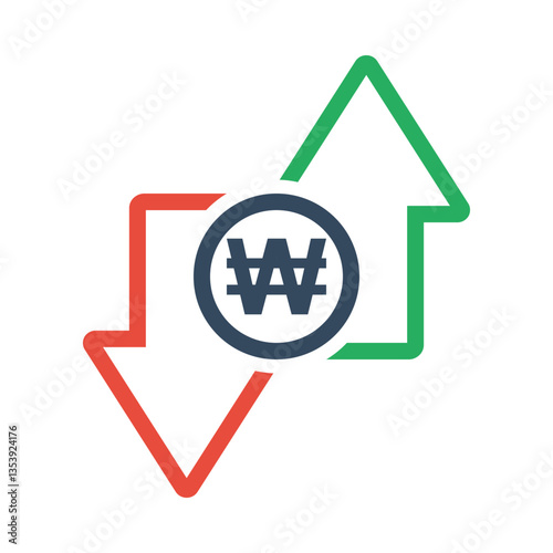 south korean won coin with green up and red down arrows, tax or inflation indicator, price or income vector outline icon