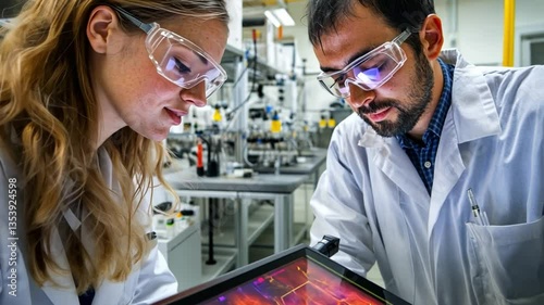 Scientific Exploration: Two dedicated scientists, engrossed in their work, meticulously examine a complex image displayed on a tablet, illuminated by the bright laboratory lights.