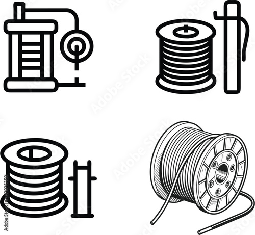 Sewing thread icons, spools of thread illustration, black and white line art, sewing supplies symbols, minimalist craft icons, thread and needle graphics, embroidery equipment pictograms, textile indu