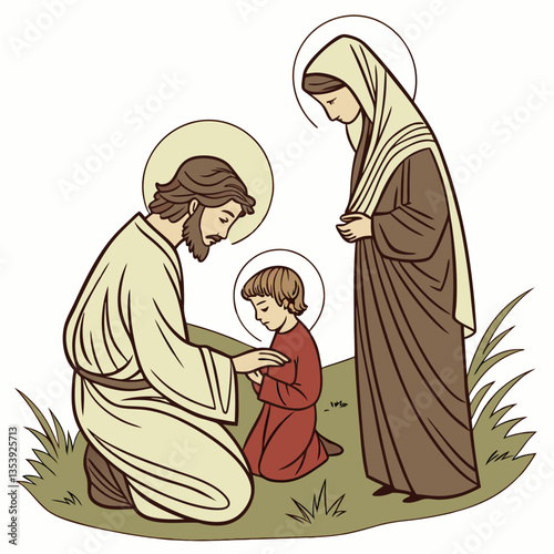 jesus and mary are kneeling down with a child